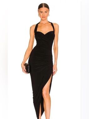 Norma Kamali Black Asymmetrical Halter Ruched Evening Dress with High Slit
